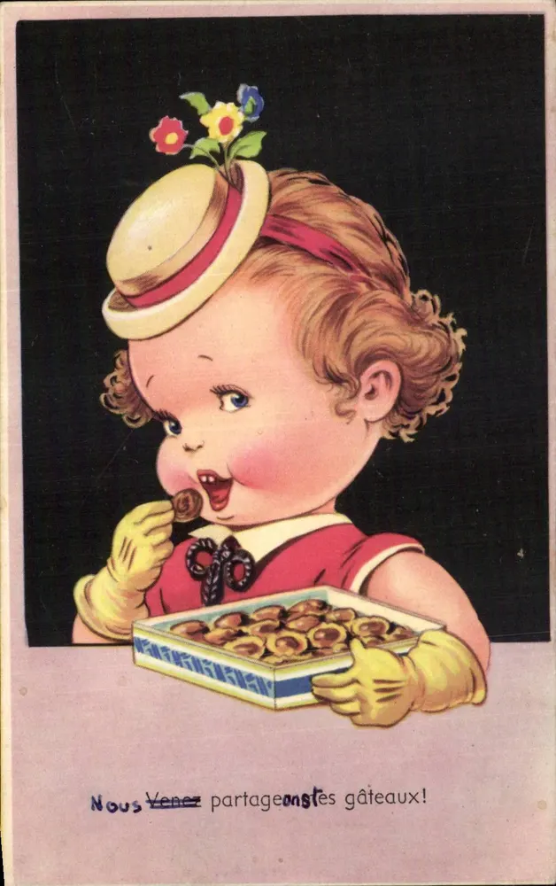 Kleine Mädchen mit Kuchen — Verlag 'VENEZ PARTAGER NOS GÂTEAUX' — Seriennummer nicht sichtbar - Vorderseite