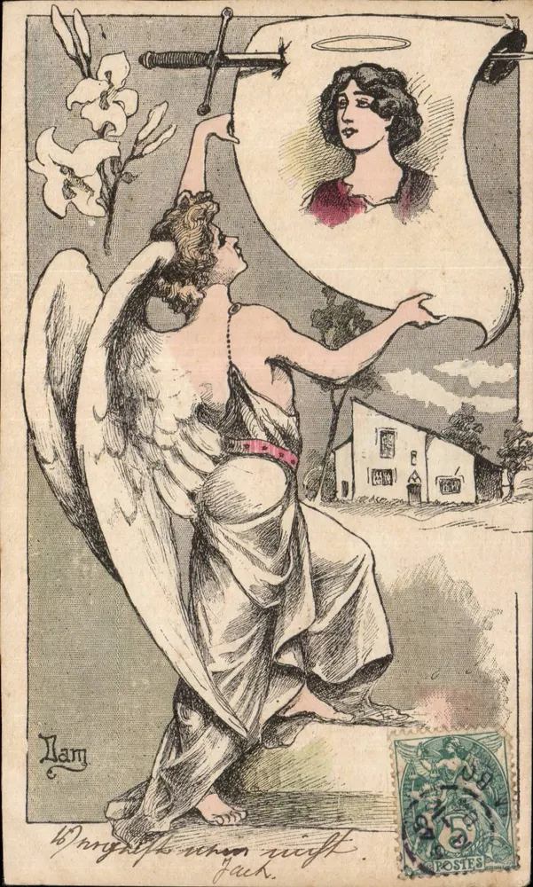 Anjo segurando uma espada e um retrato de anjo — ilustração de Lam — selo de 25 centavos - Frente