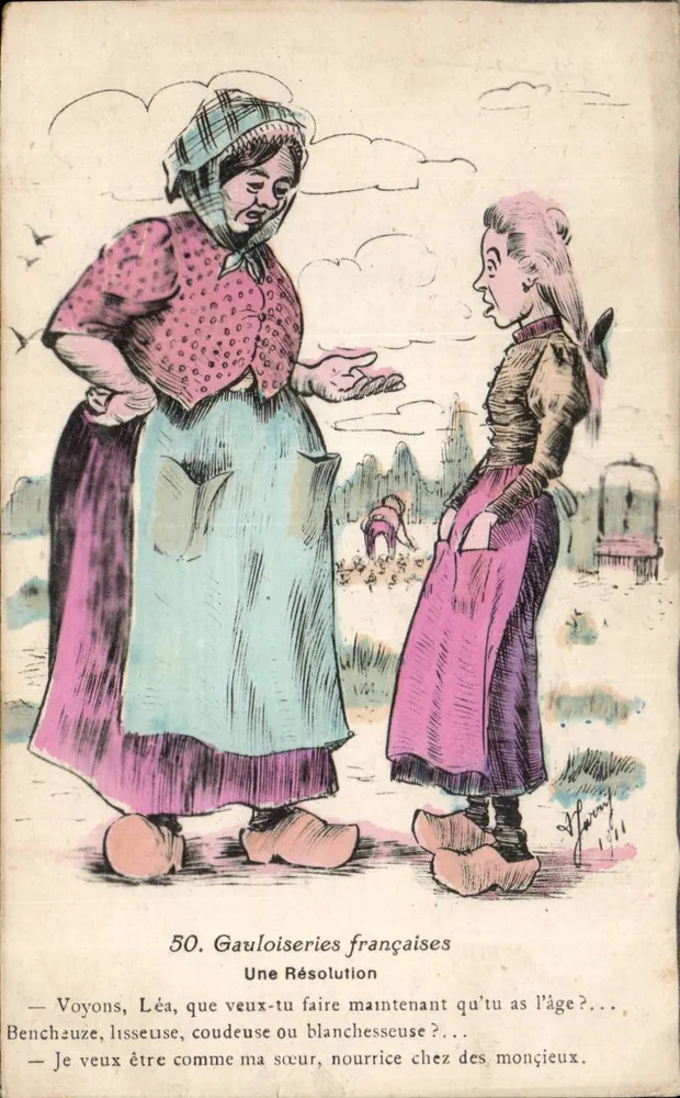 Zwei Frauen im Gespräch — Eine Lösung — Französische Gauleoiserie Nr. 50 - Vorderseite