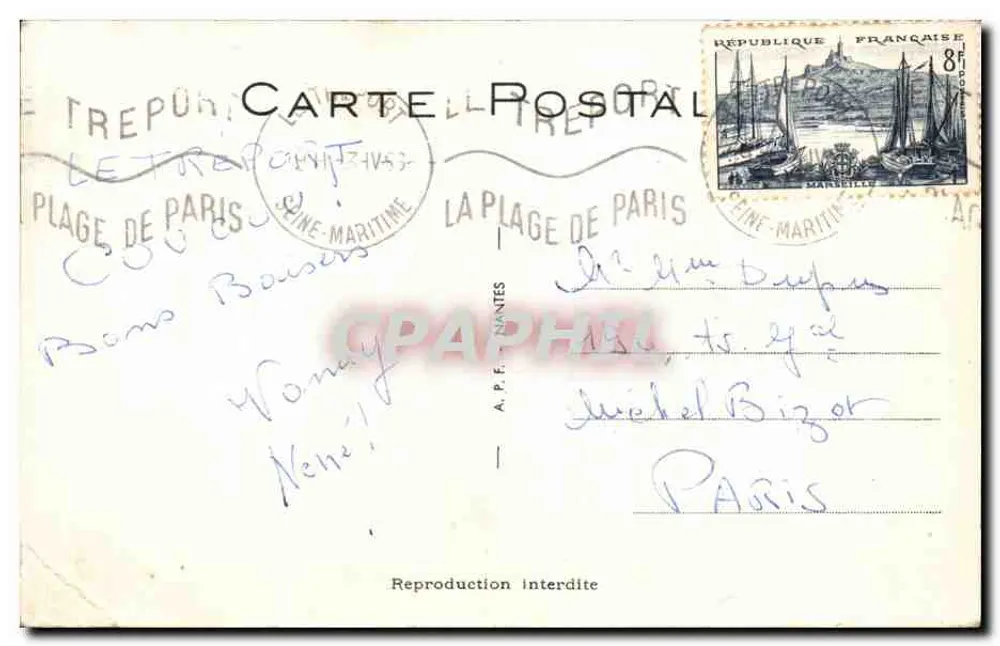 Frau im roten Badeanzug, die einen Mann ins Wasser taucht — Verlag A.P.F. NANTES - Rückseite