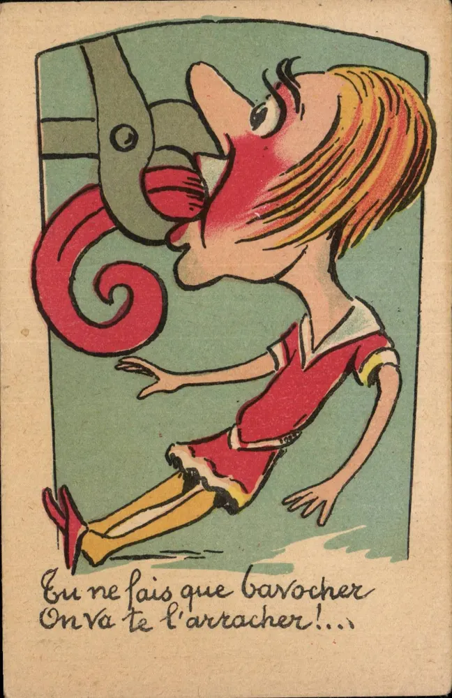 Menina jovem surpreendida por um monstro — caricatura humorística — Fabricação Francesa M. L. Paris, série n° 675 - Frente