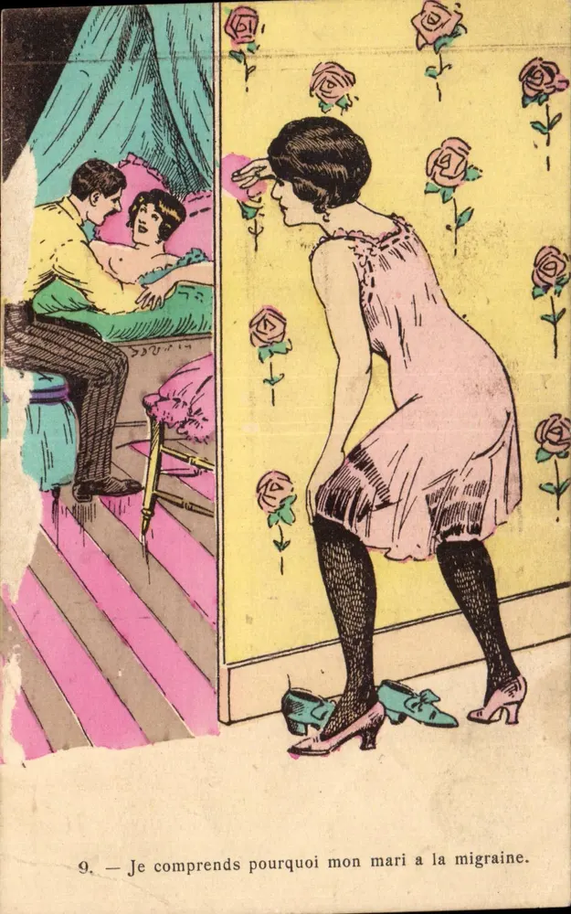 Mann und Frau im Bett — Frau in rosa Kleid vor einer Tür — Verlag nicht sichtbar, n°9 - Vorderseite
