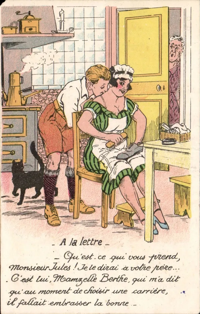 Scène de cuisine — jeune homme embrassant une femme assise — éditeur D.D. - Vorderseite