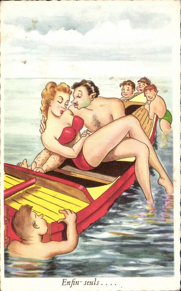Endlich allein... — Strandbild mit Paar und Kindern — M.D. Paris, Serie N° 18C - Vorderseite