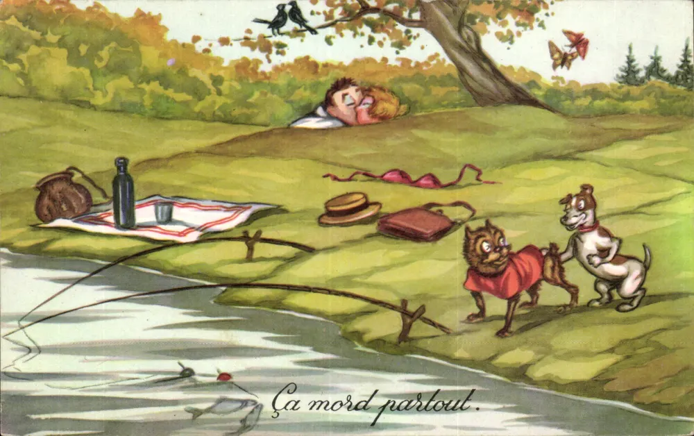 Picknick am Wasser — Liebespaar und Hunde — Verlag JG, Nr. 552/4 - Vorderseite