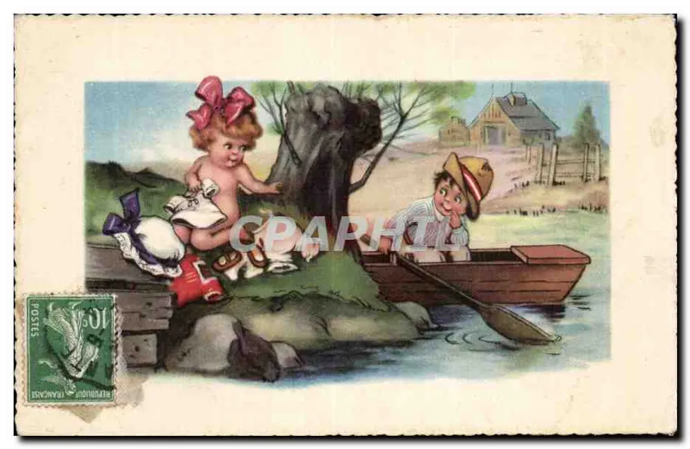Kinder am Teich — idyllische Szene — Verlag nicht sichtbar - Vorderseite