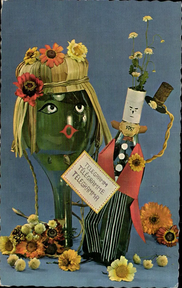 Garrafas decorativas em forma de personagens — telegrama 1957 — A. Kieffer, Schwanden/GL - Frente