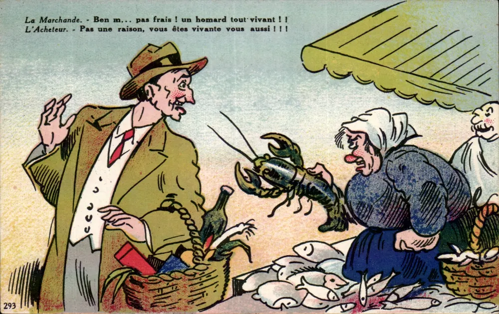Fischmarkt — humorvoller Moment mit lebendigem Hummer — J. Nozais, Édit. (Tenue Bouchard) Nantes - Vorderseite