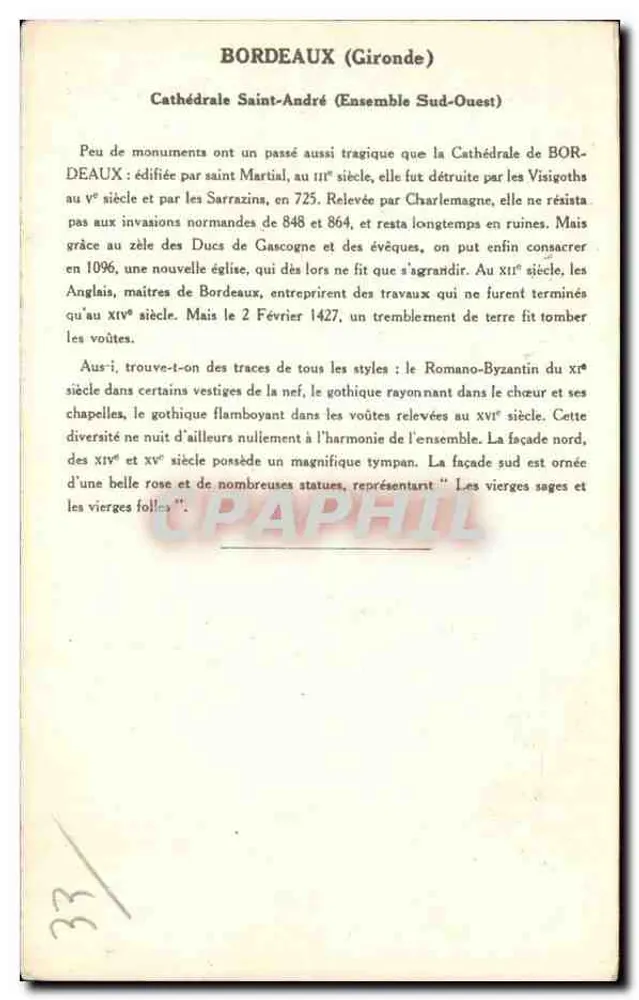 Bordeaux (Gironde) — Katedra św. Andrzeja (Zespół Środkowego Zachodu) — Kolekcja Kolarsaine i Paubauberg, 3. seria - Rewers