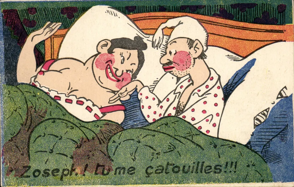 Dois homens em uma cama — cena humorística — editor GH Paris - Frente