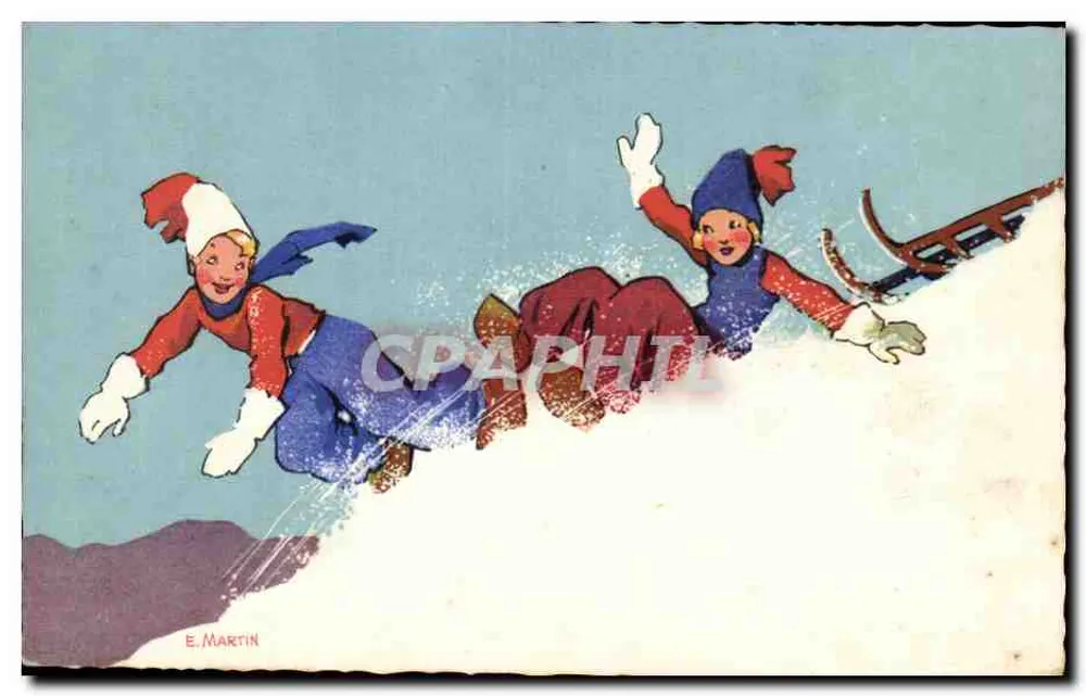 Kinder, die auf der Schneefahrt spielen — E. Martin - Vorderseite