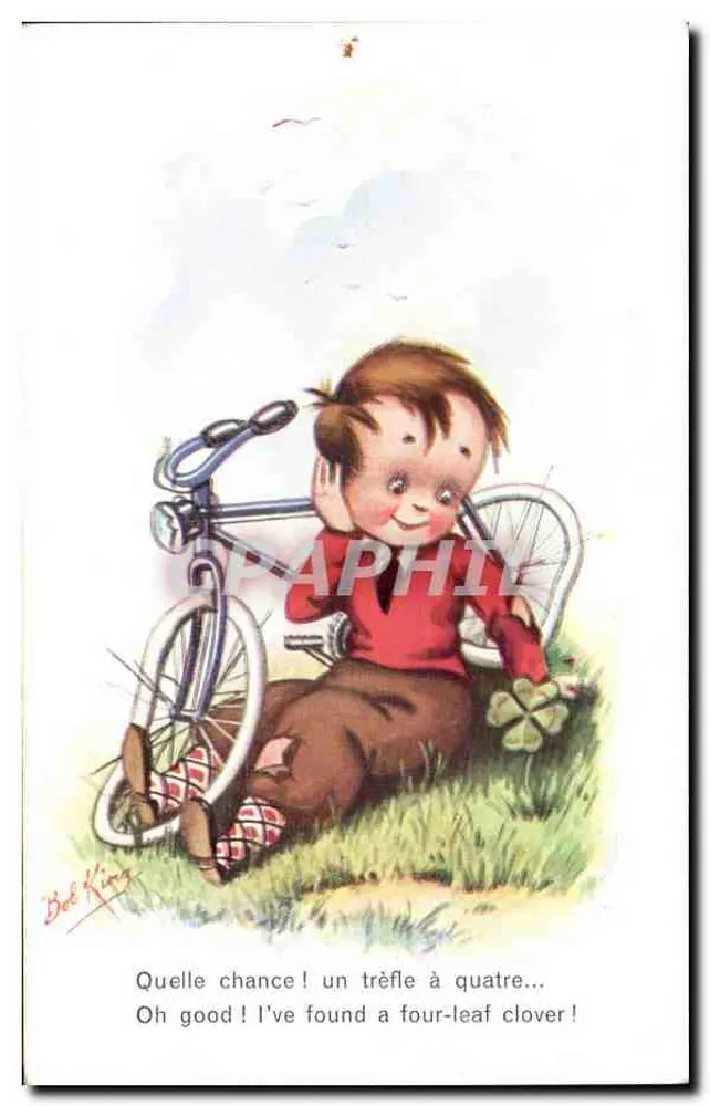 Bambino con bicicletta e trifoglio a quattro foglie — Bob King - Recto