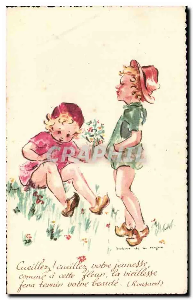 Zwei Kinder, die Blumen pflücken — Zitat von Ronsard — Soline de La Vergne - Vorderseite