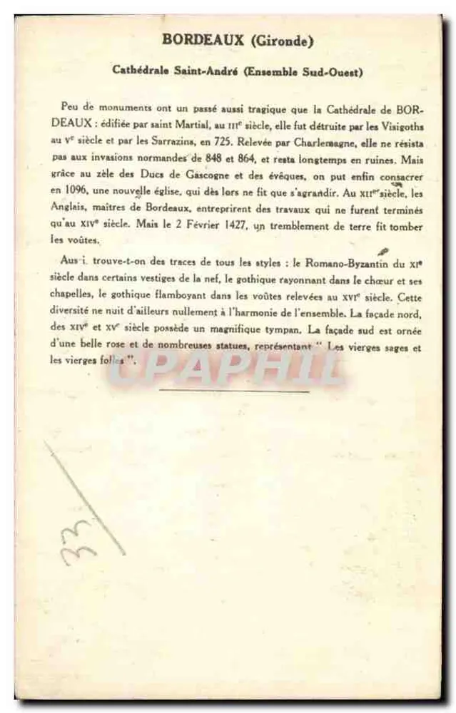 Bordeaux (Gironde) — Catedral de São André (Conjunto Sudoeste) — Coleção da Kolarsine e da Solução Pautauburge, 3ª Série - Verso