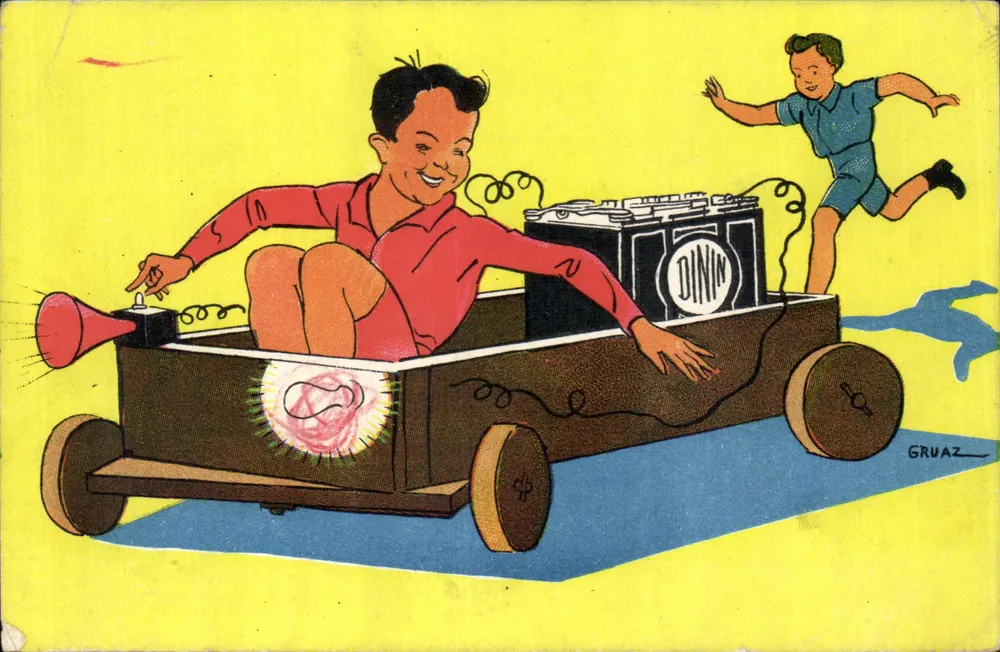 Kinder, die mit einem Elektroauto spielen — Zeichnung von Gruaz — R.C. Seine 107.079 - Vorderseite