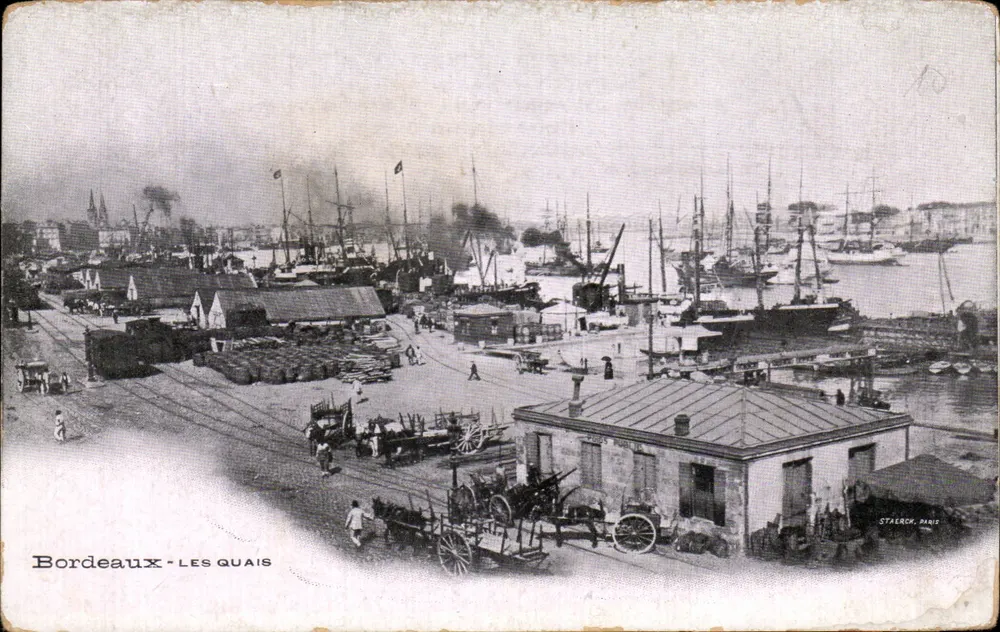 Bordeaux - LES QUAI S — vista do porto com barcos e carruagens — Staerck, Paris, n°10 - Frente