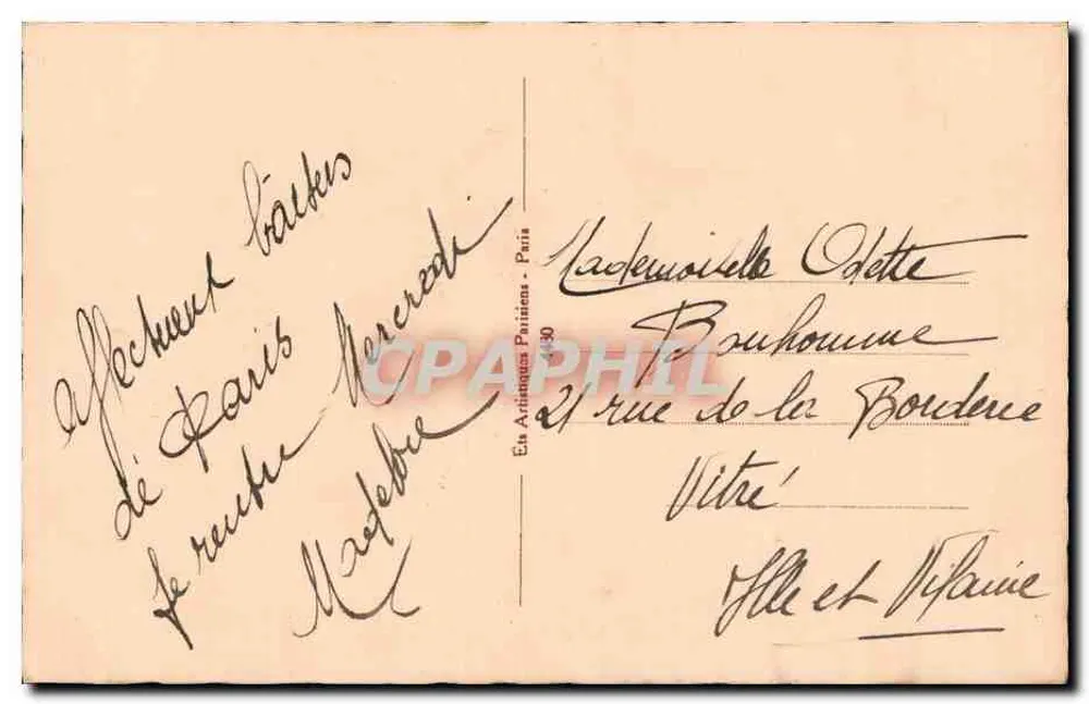 Schwarzer Kater und Hund im Zylinder — Mandarinen-Verkauf — Éd. Artisans Postiens n°30 - Rückseite