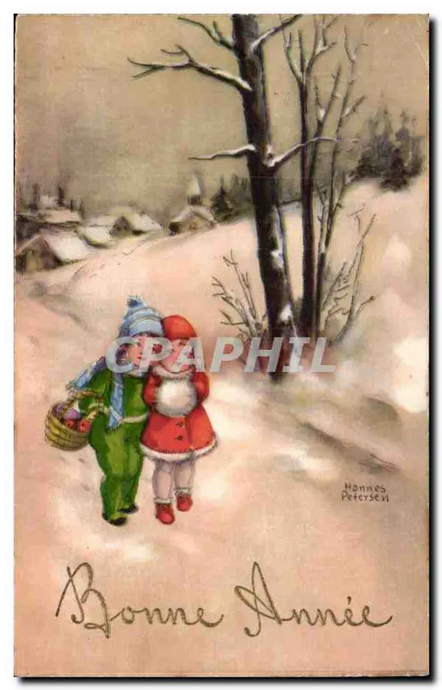Kinder in der Schnee — Weihnachtskartenmotiv — Hannes Peterseki - Vorderseite