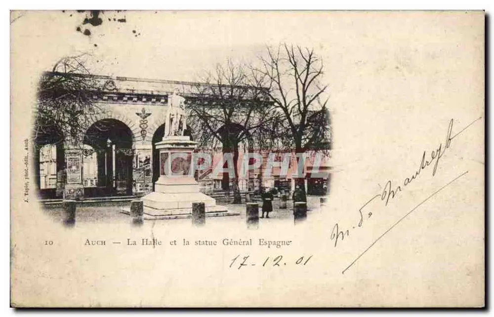 Auch — Die Halle und die Statue des Generals Espagne — J. Tépier, Fotografie, Verlag, Auch, n°10 - Vorderseite