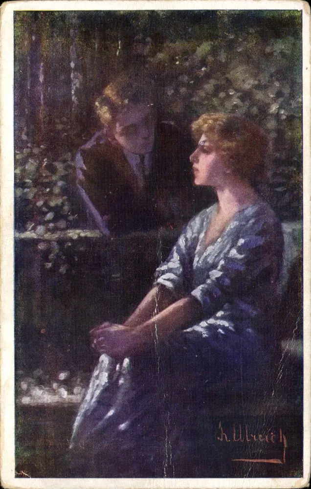 Jovem mulher em vestido azul — cena de jardim — H. Allbreich - Frente