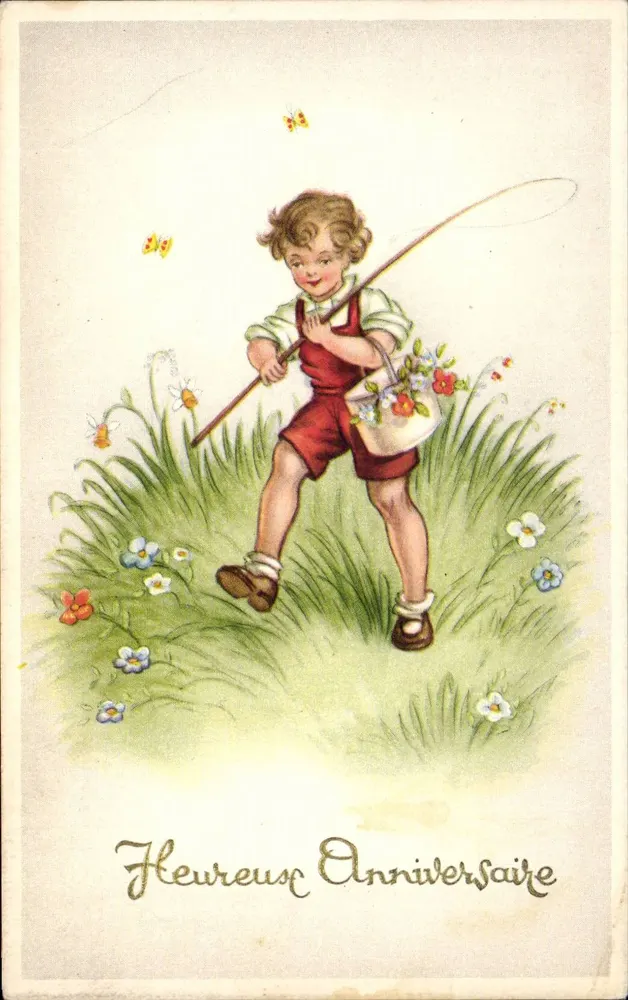 Kind mit Blumenkorb — Geburtstag — Verleger nicht sichtbar - Vorderseite