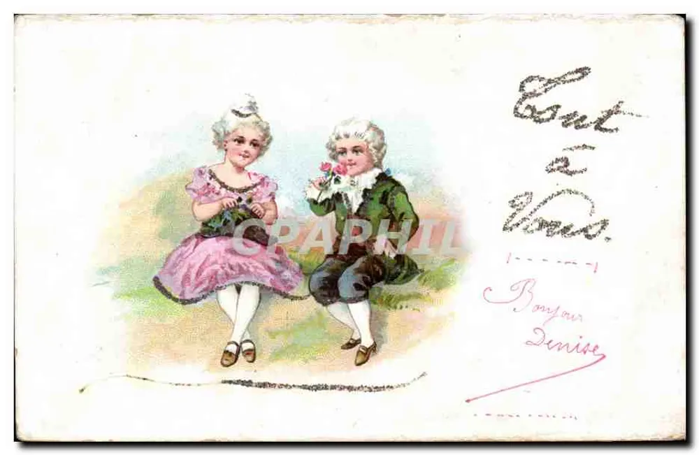 Zwei Kinder in historischem Kleid — farbiges Bild — unbekannter Verlag - Vorderseite