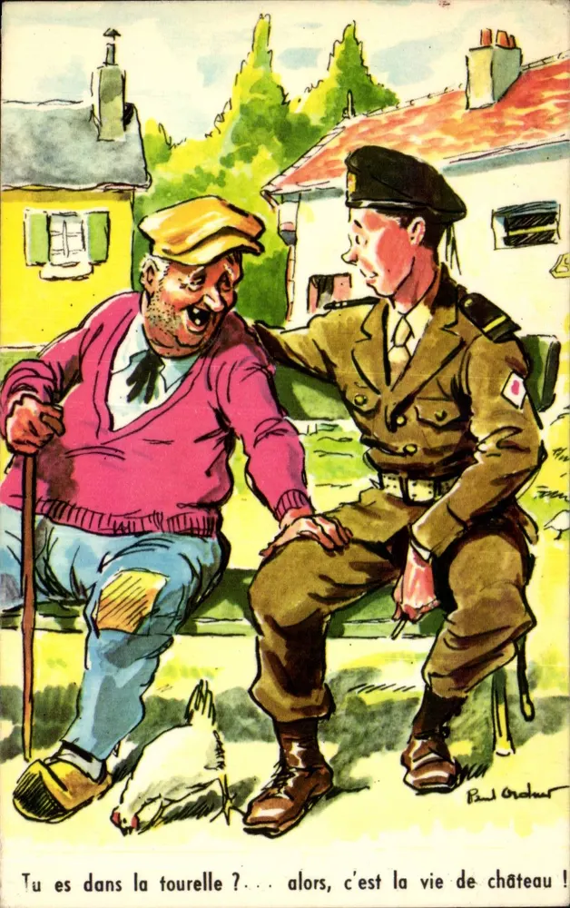 Ein Soldat und ein alter Mann — humorvolle Karikatur — Paul Ordon - Vorderseite