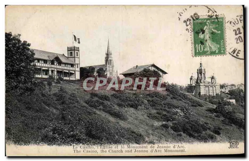 Das Casino, die Kirche und das Denkmal für Jeanne d'Arc — Neuve-Église (Frankreich) — JND, Imp. Crété, Paris - Vorderseite
