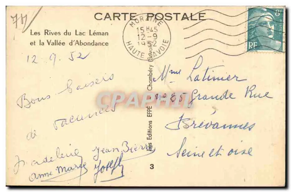 Les Rives du Lac Léman — Vallée d'Abondance — éditeur Les Editions Jean Brière, n°3 - Verso