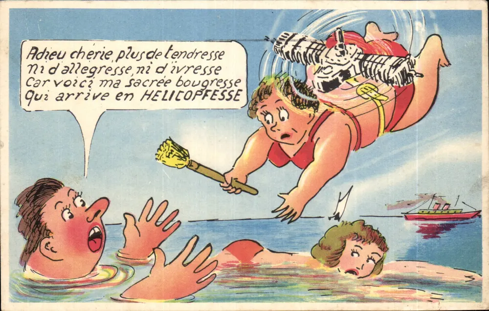 Sedução em helicóptero — caricatura humorística — editor não visível - Frente