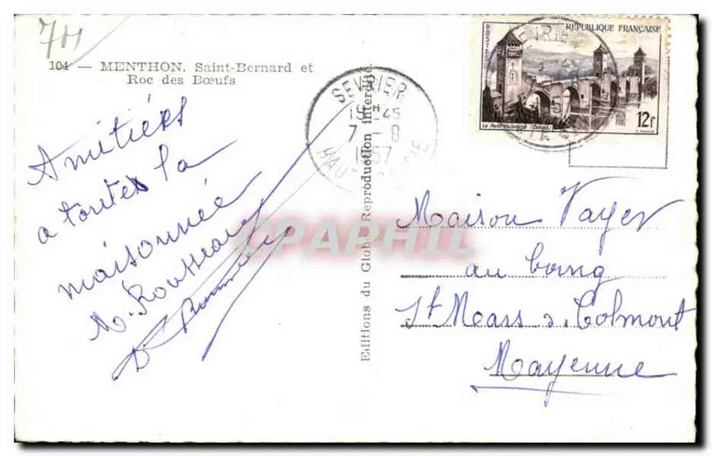 Menthon-Saint-Bernard e Roc des Bœufs — vista lacustre e montanhosa — Éditions du Globe, n°104 - Verso