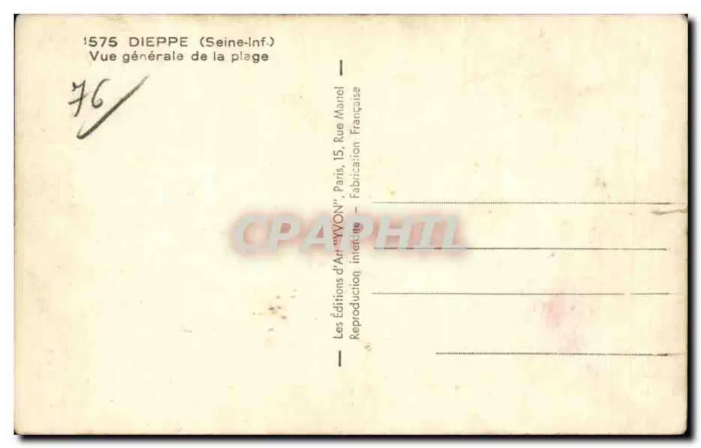 Dieppe (Seine-Inf.) — Vista geral da praia — Edições de Arte 'WON', Paris - Verso