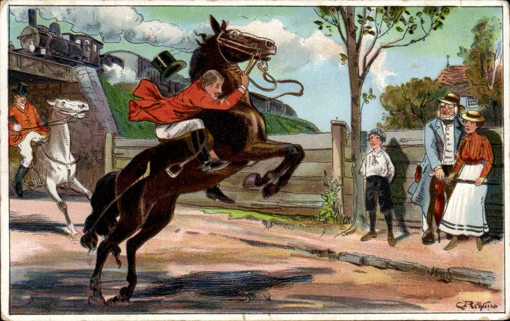 Jäger in Uniform auf einem galoppierenden Pferd — Straßenszene mit Zug im Hintergrund — Verlag M & I, Serie 145 - Vorderseite
