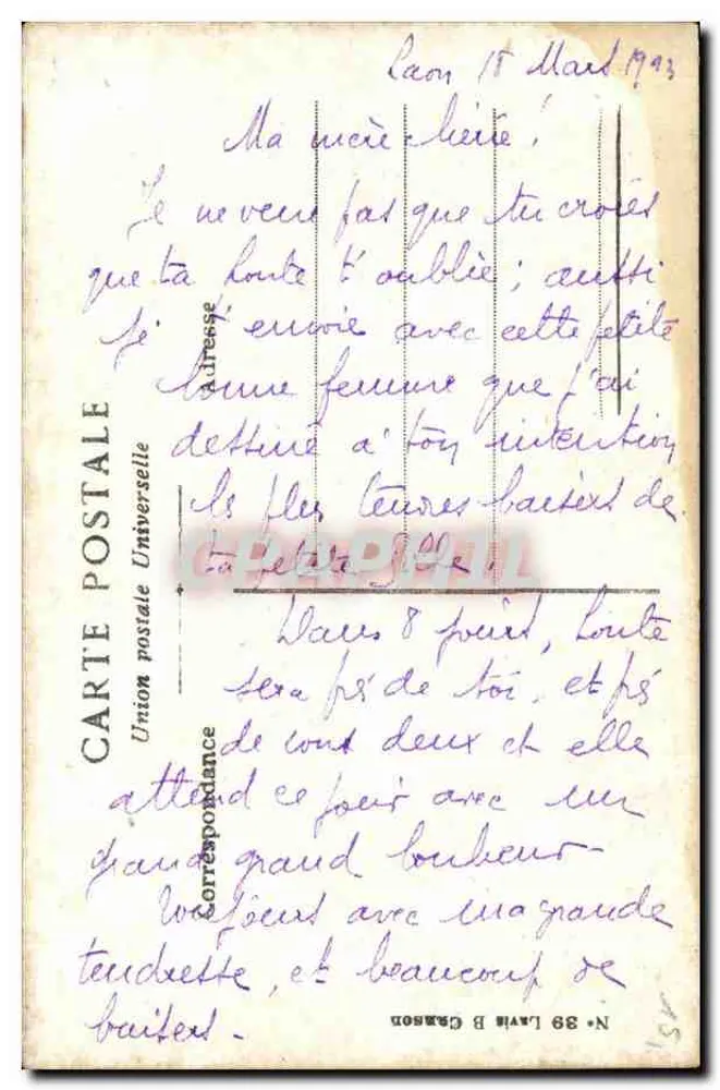 Ragazza con tulipani — illustrazione di Loute — Union Postale Universelle, N° 39 - Verso