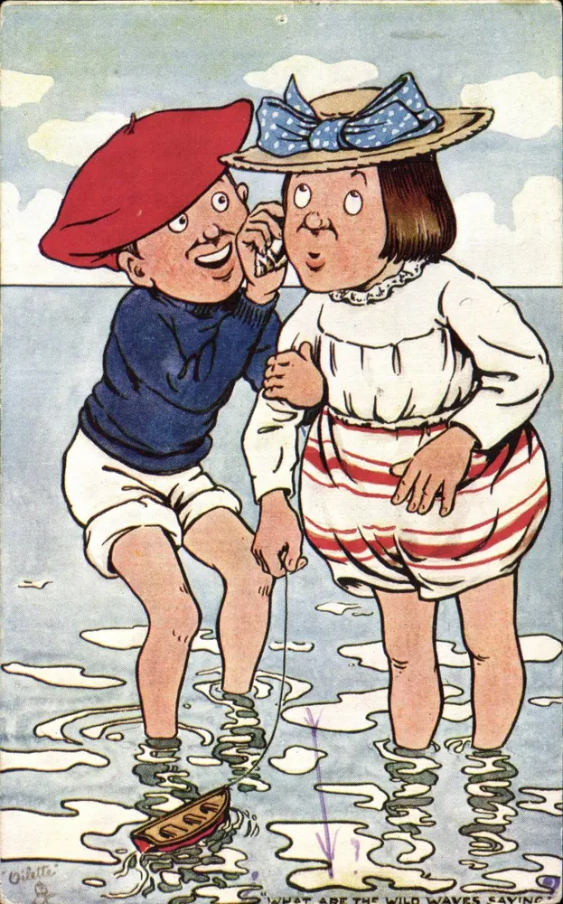 Junge und Mädchen am Meer — 'Was sagen die wilden Wellen?' — Olliette, Serie 933 - Vorderseite