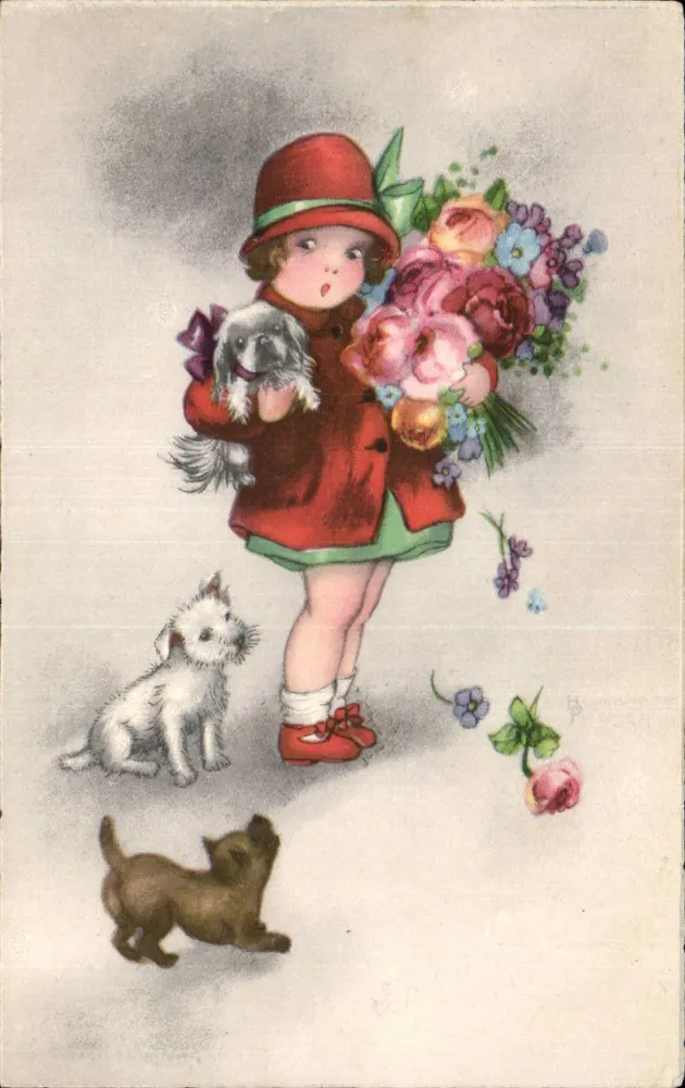 Mädchen in rotem Kleid und Hut — hält einen Blumenstrauß und ein kleines Hund — mit drei Welpen — Verleger nicht sichtbar - Vorderseite