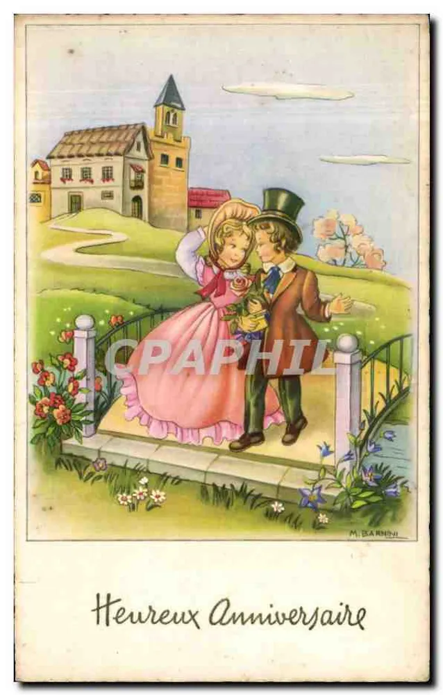 Junge Liebende auf einer Brücke — idyllische Szene — M. BARNINI, Serie Nr. 1025 - Vorderseite