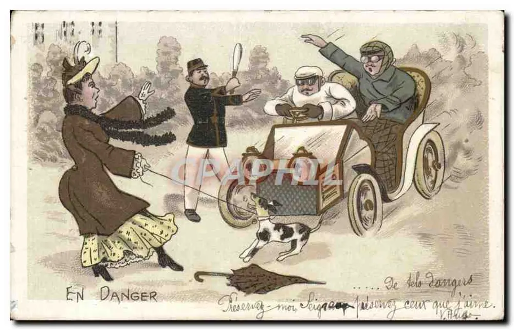 In Gefahr — Karikatur eines Motorwagens — V. Angriff - Vorderseite