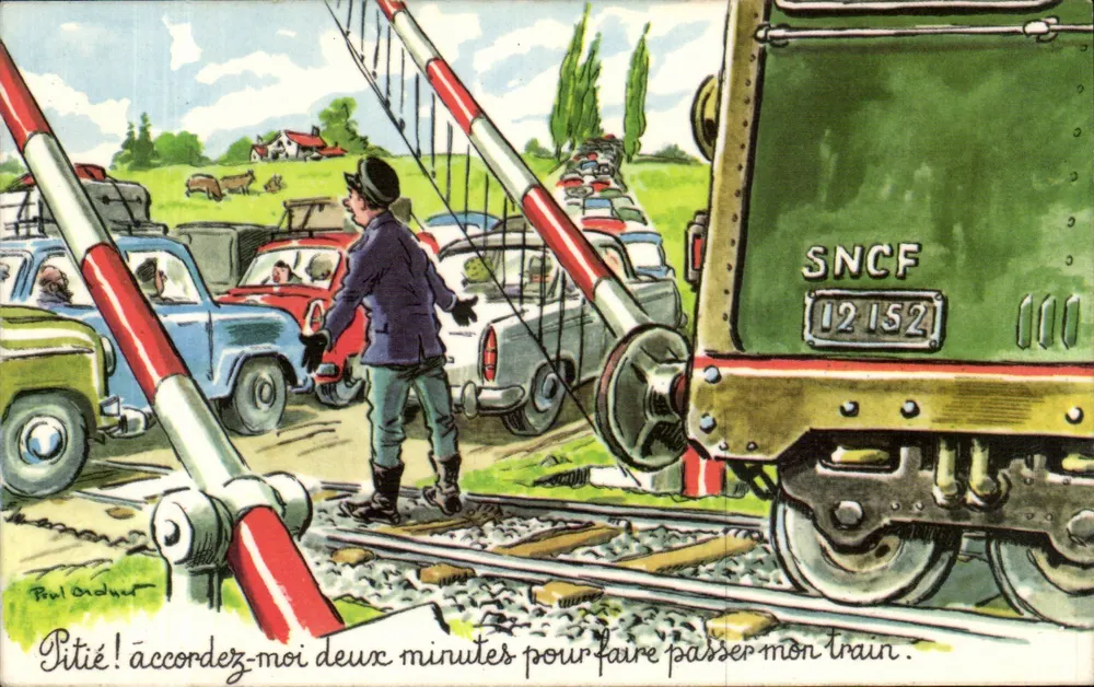 Estação rodoviária e ferroviária — caricatura de um agente pedindo paciência — Paul Ordnet, editor desconhecido - Frente