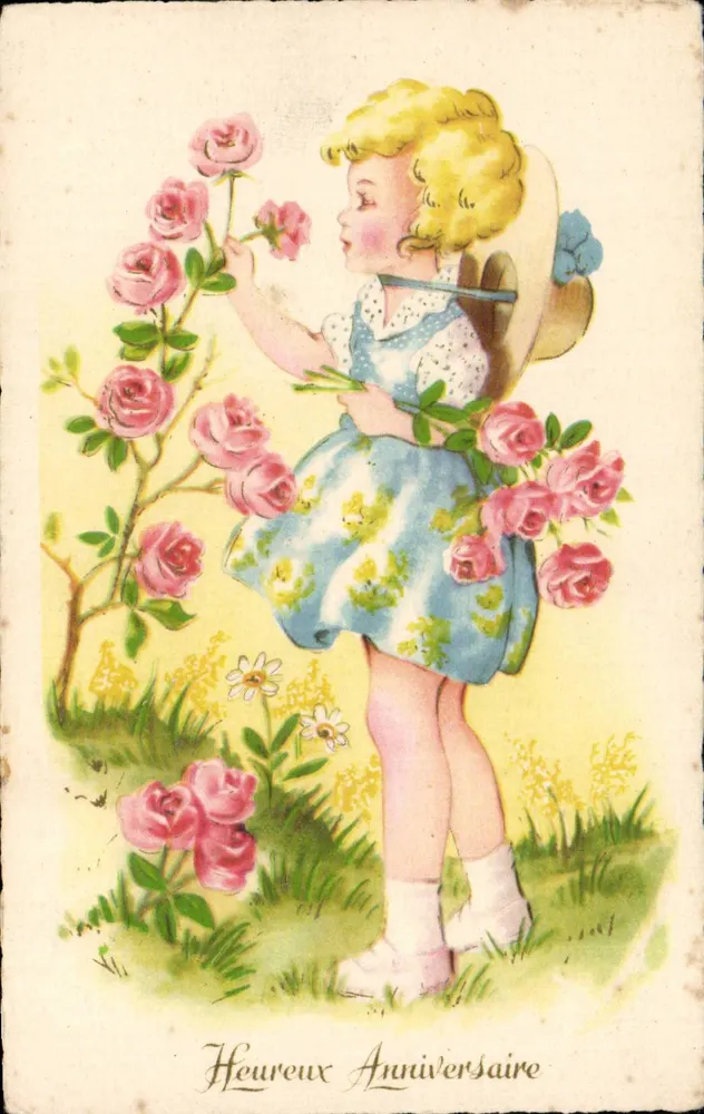 Mädchen mit Rosen — Geburtstagskarte — R. HAMEL, Paris, n° 127 - Vorderseite