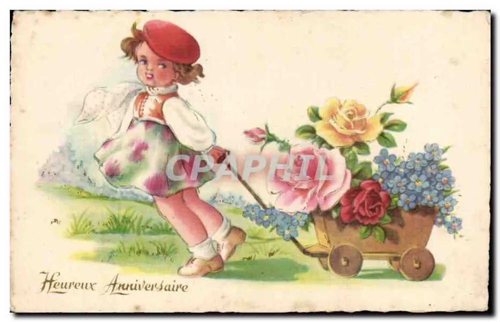 Mädchen mit rotem Hut, der einen Blumenwagen schiebt — Frohes Geburtstag — R. Hamel Paris - Vorderseite