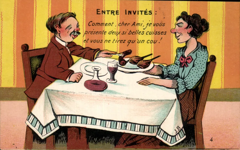 Abendessen unter Gästen — humorvolle Karikatur — J.B. Nr. 4 - Vorderseite
