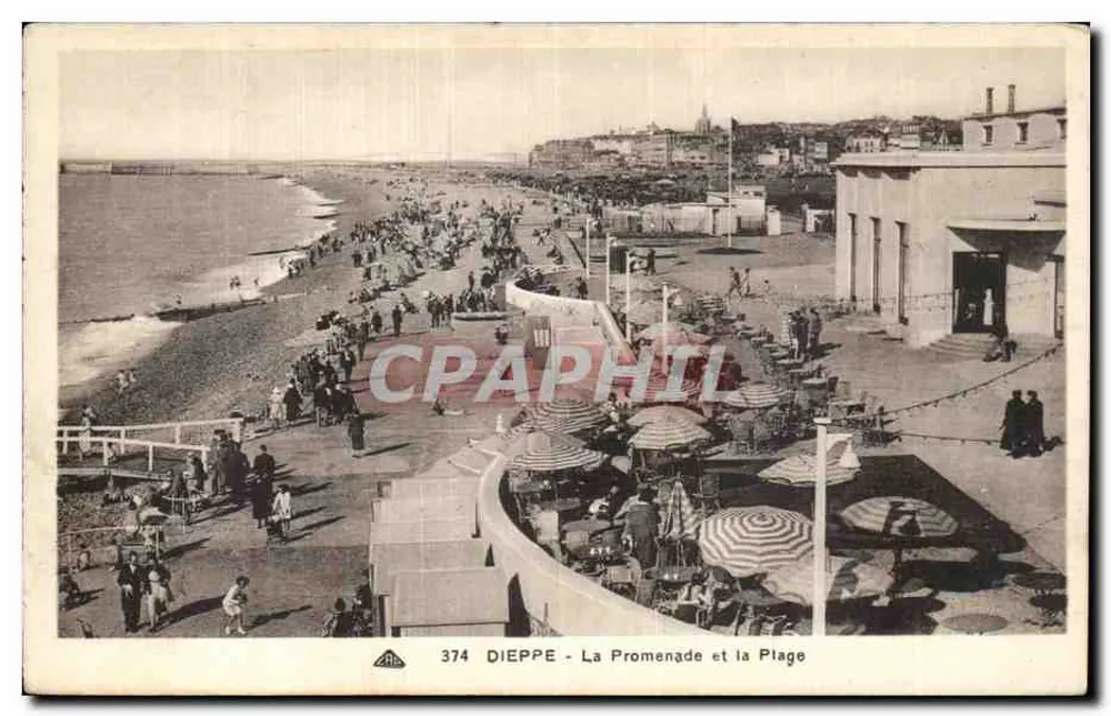 Dieppe - A Promenade e a Praia — Bilhete postal antigo n°374 — editor CIR dos Arts Photographiques de Strasbourg - Frente