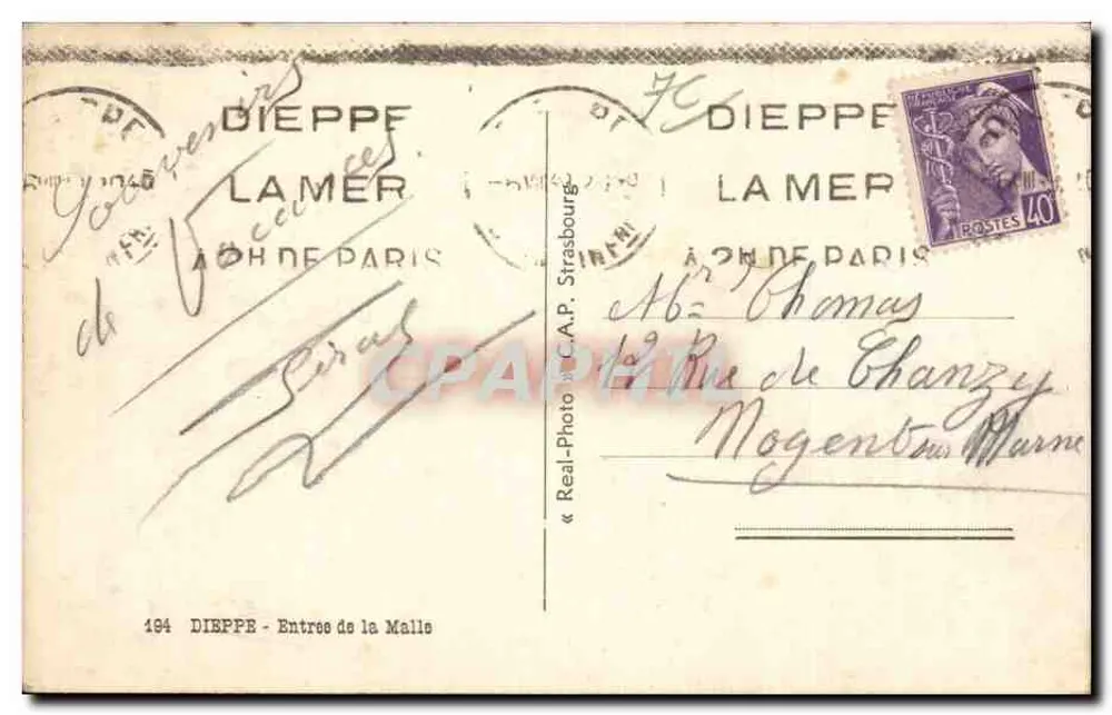 Dieppe — Entrada da Malle — C.A.P. Strasbourg - Verso