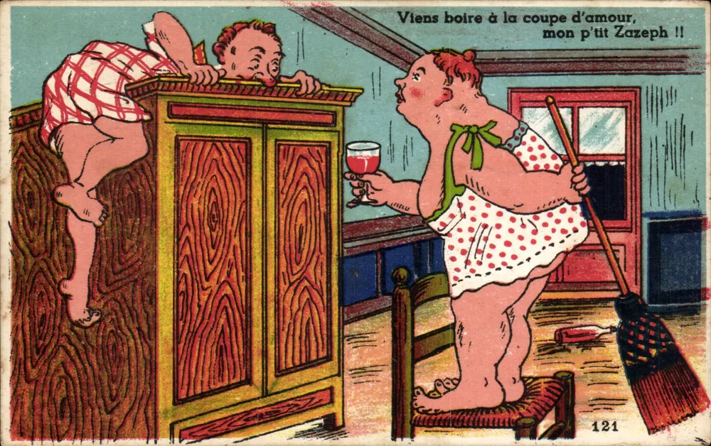 Humoristische Szene — Mann auf Schrank, Frau mit Besen — A.P.F. NANTES n°121 - Vorderseite