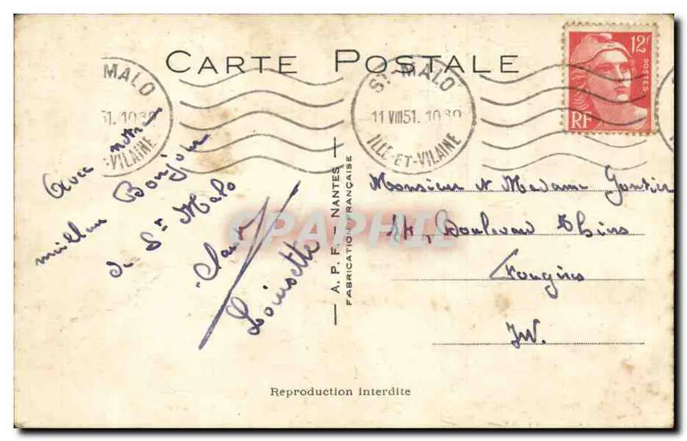 Humoristische Szene — Mann auf Schrank, Frau mit Besen — A.P.F. NANTES n°121 - Rückseite