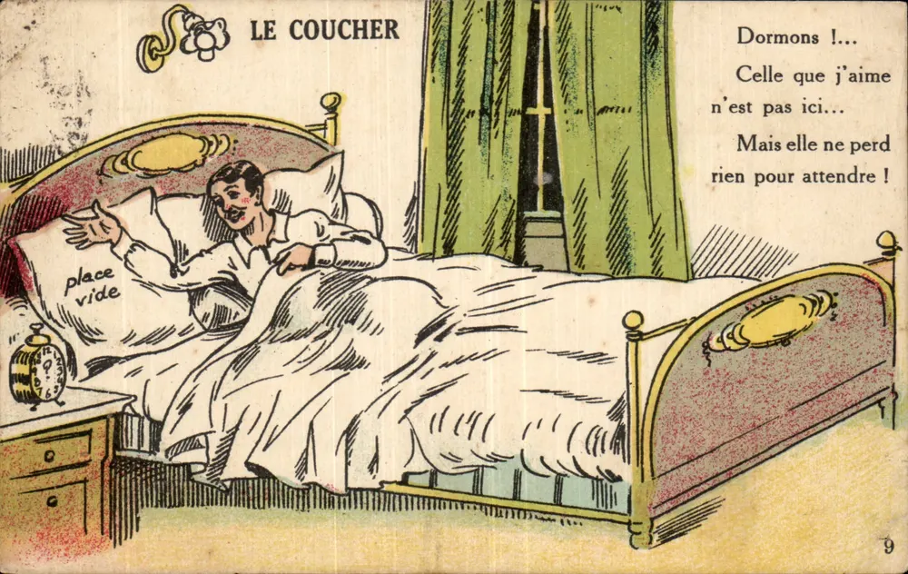 O Pôr do Sol — cena de cama com poema — J. Nozais, Édit. 18, Avenue du Côteau (Tenue Bouchaud), Nantes - Frente