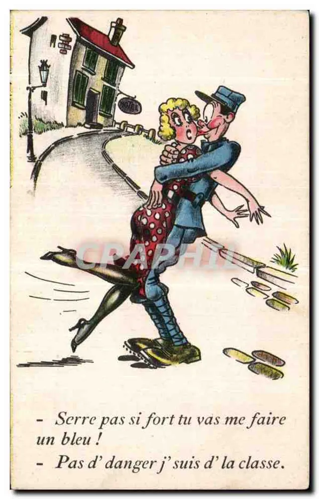 Soldat und Frau im Kuss — humorvoll — Sammlung Comique Militaire, veröffentlicht von Noët, Paris - Vorderseite