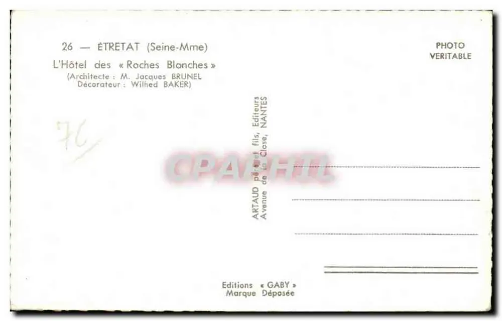 Étretat — L'Hôtel des Roches Blanches — Éditeur Gaby - Achterkant