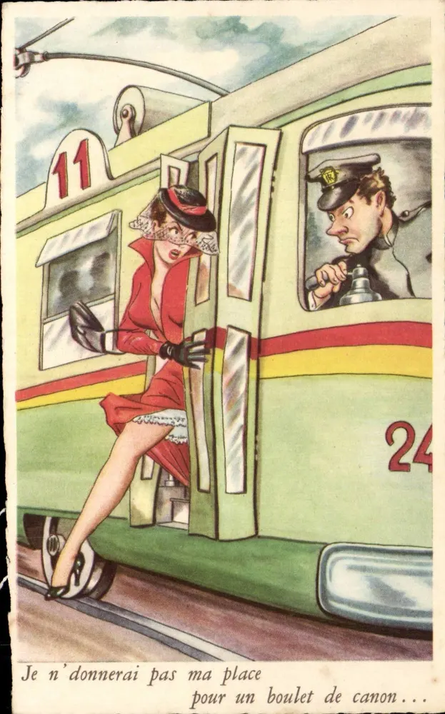 Mulher em vestido vermelho em um trem — humorístico — M.D. Paris, série N° 180 - Frente